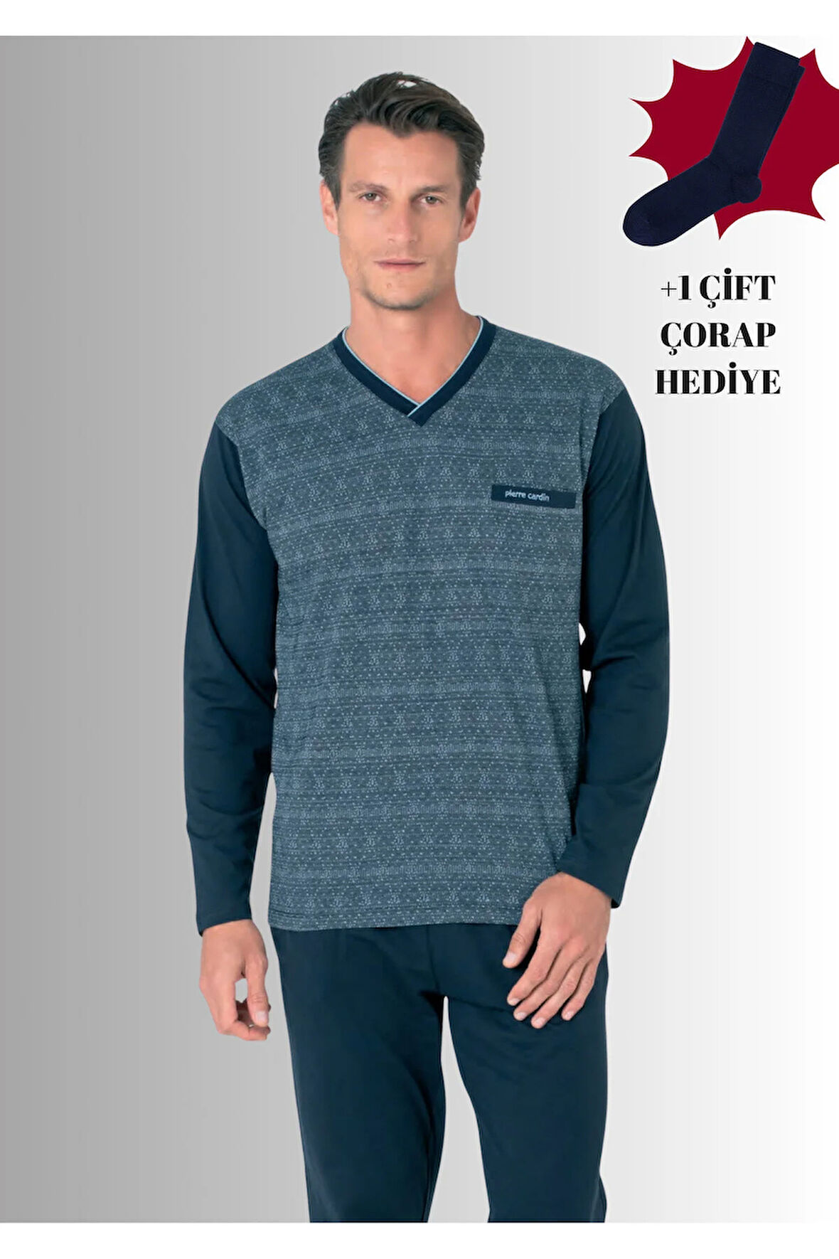 %100 Pamuklu V Yaka Uzun Kol Düz Paça Jakarlı Pijama Takımı (Çorap Hediyeli)