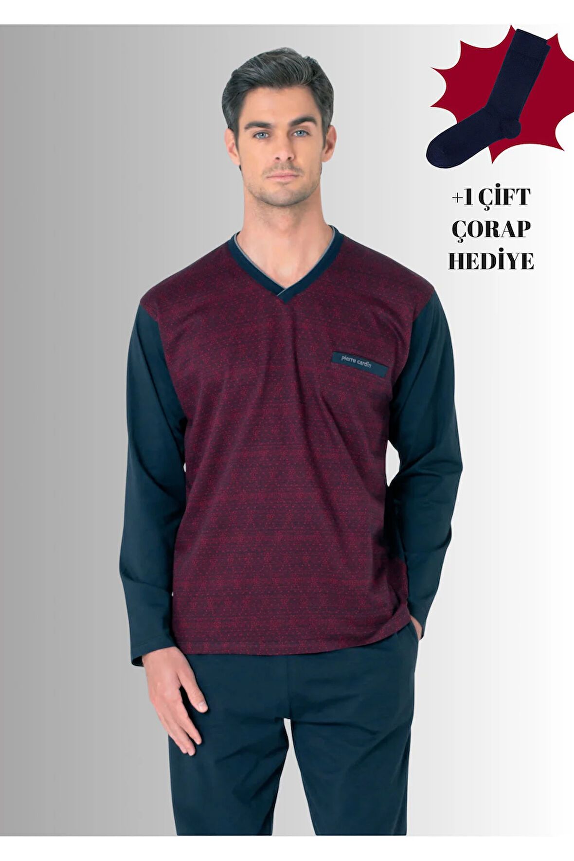 %100 Pamuklu V Yaka Uzun Kol Düz Paça Jakarlı Pijama Takımı (Çorap Hediyeli)