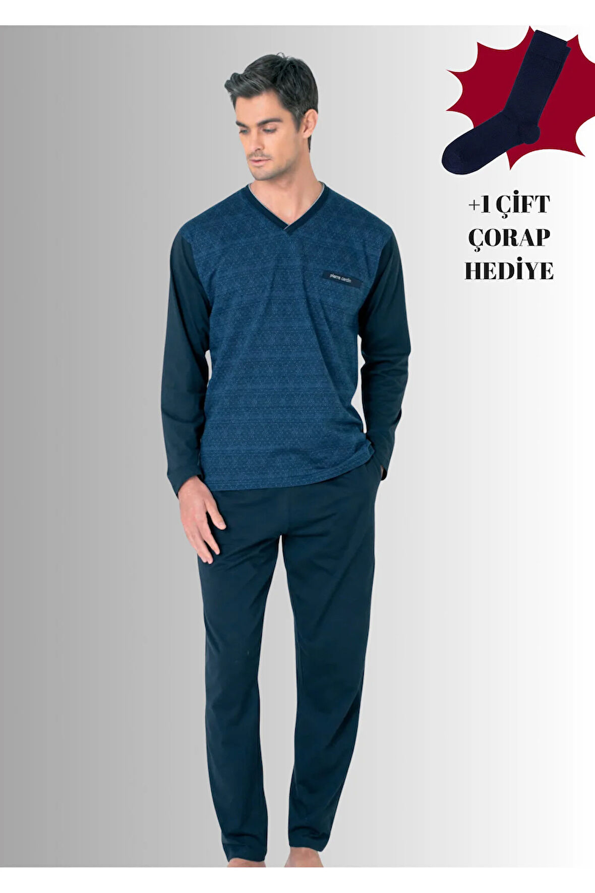 %100 Pamuklu V Yaka Uzun Kol Düz Paça Jakarlı Pijama Takımı (Çorap Hediyeli)