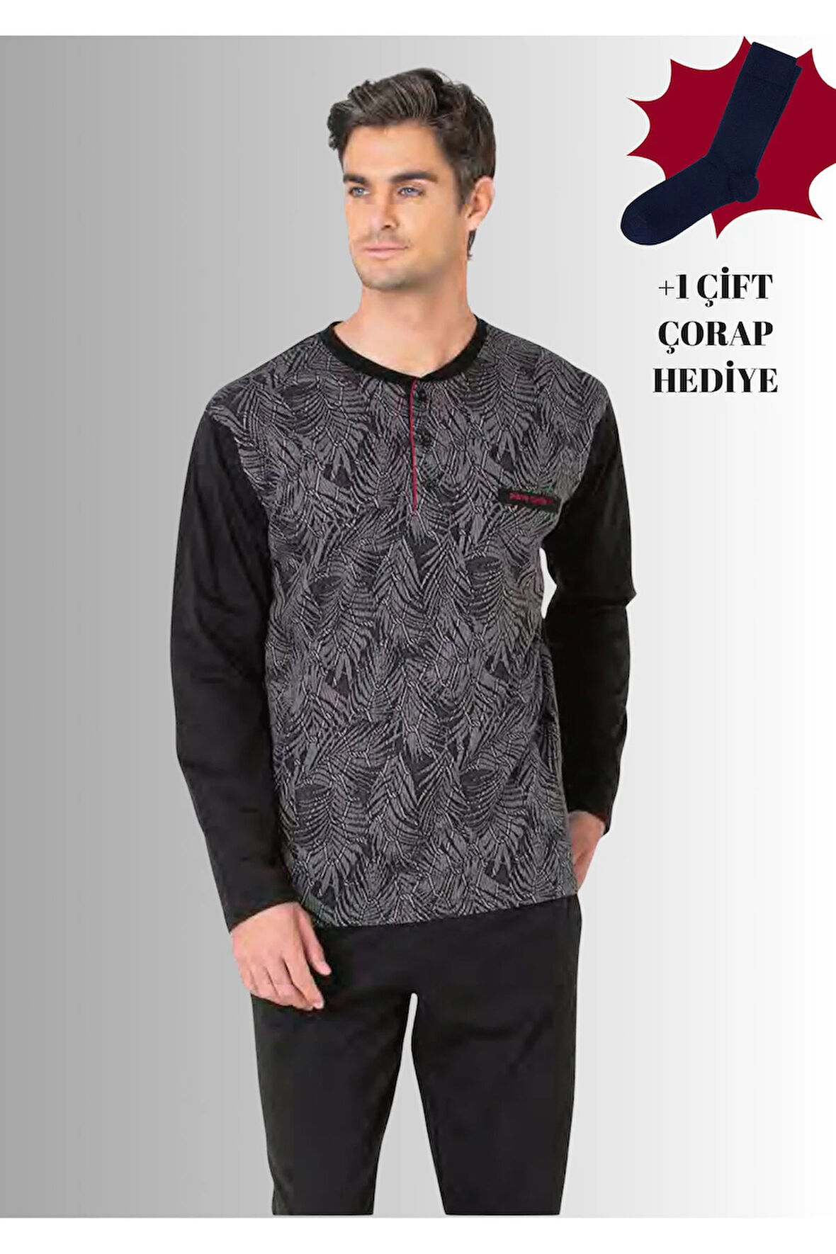 %100 Pamuklu Yarım Patlı Uzun Kol Düz Paça Jakarlı Pijama Takımı (Çorap Hediyeli)