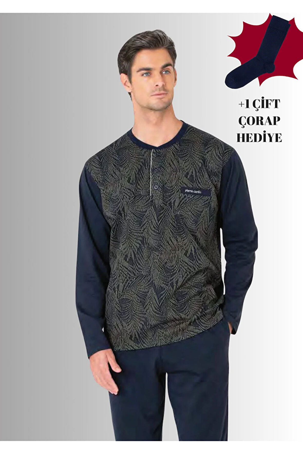 %100 Pamuklu Yarım Patlı Uzun Kol Düz Paça Jakarlı Pijama Takımı (Çorap Hediyeli)