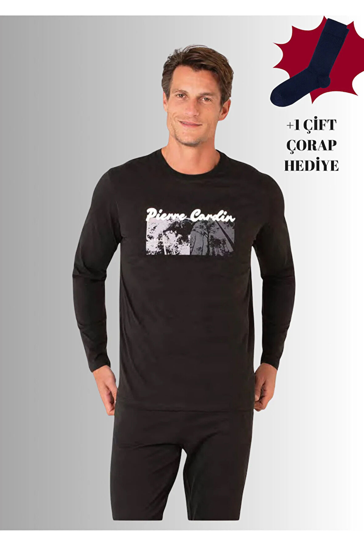 %100 Pamuklu Bisiklet Yaka Uzun Kol Düz Paça Pijama Takımı (Çorap Hediyeli)