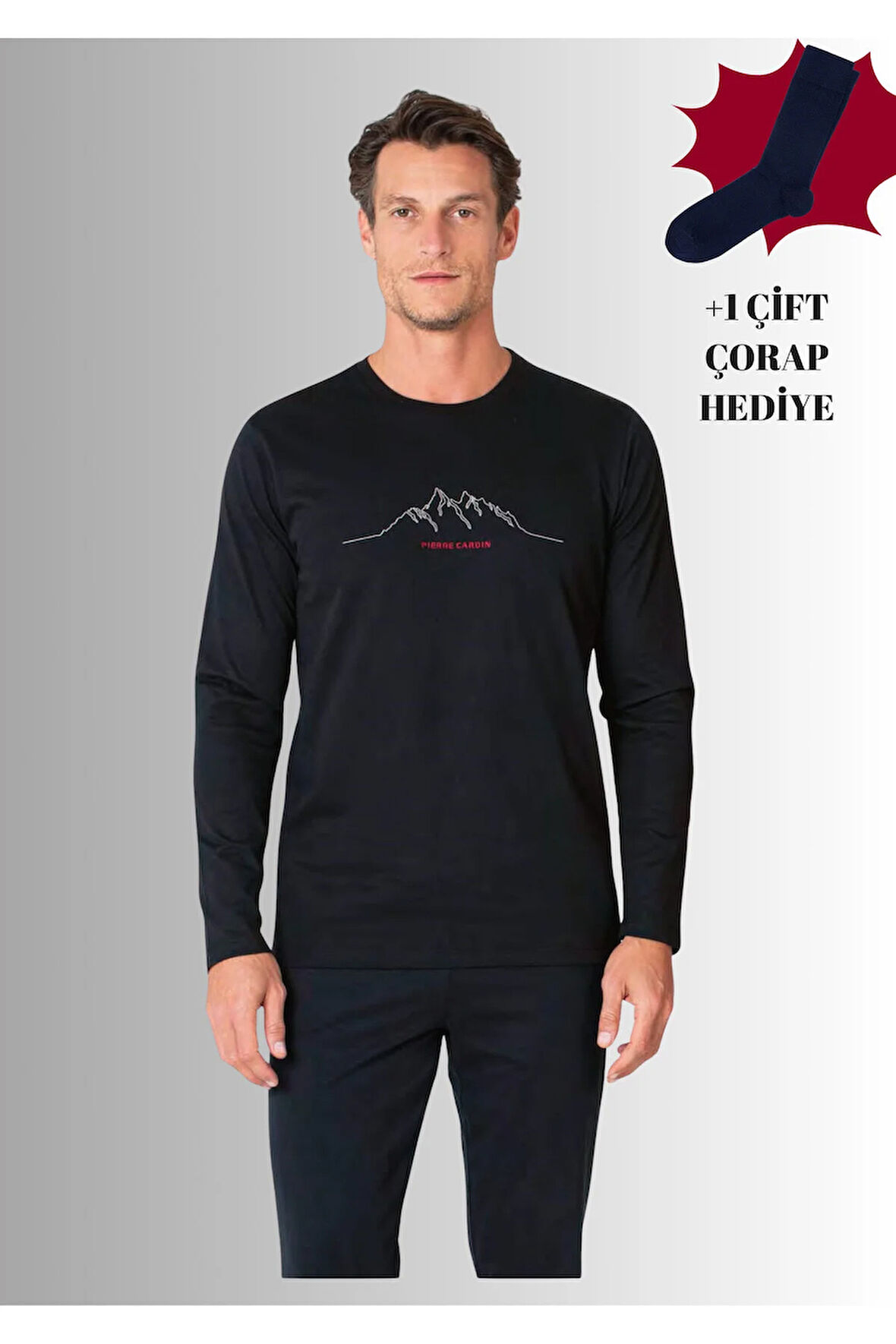 %100 Pamuklu Bisiklet Yaka Uzun Kol Düz Paça Pijama Takımı (Çorap Hediyeli)