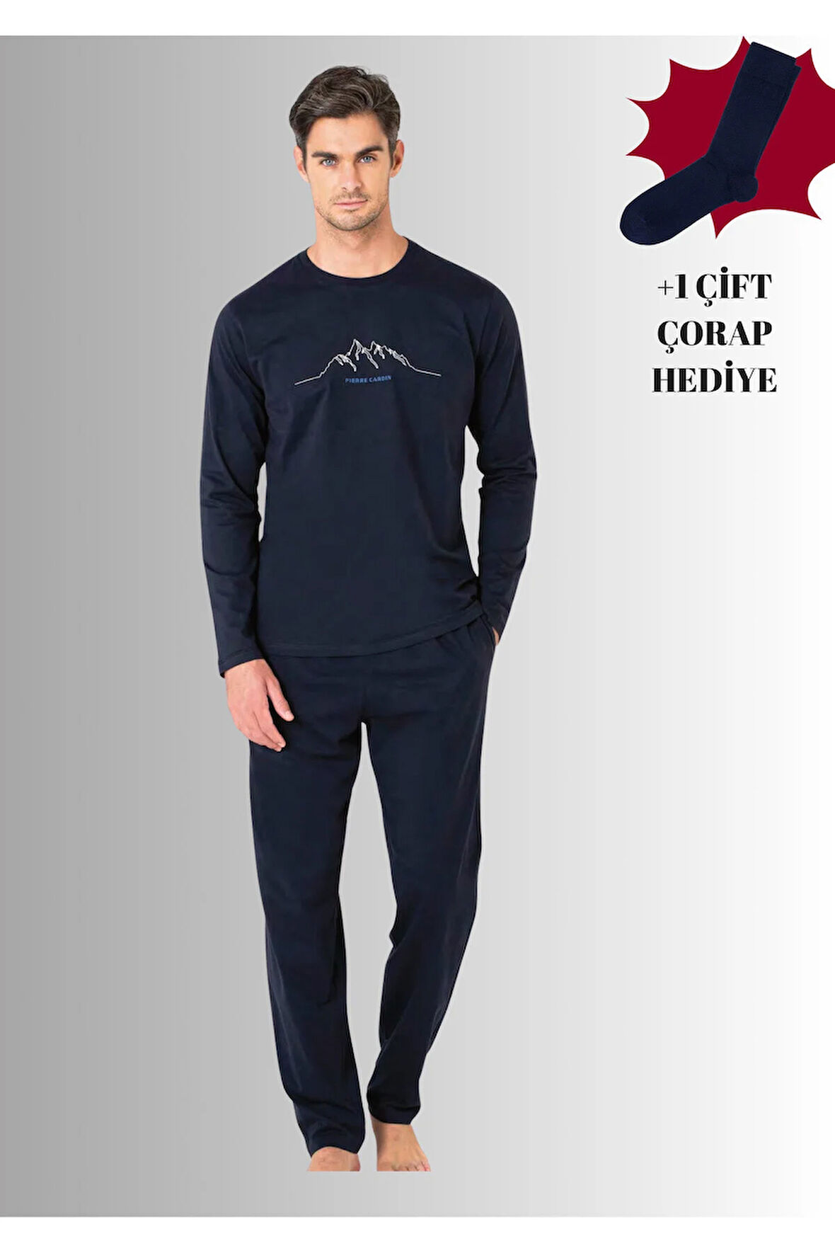 %100 Pamuklu Bisiklet Yaka Uzun Kol Düz Paça Pijama Takımı (Çorap Hediyeli)