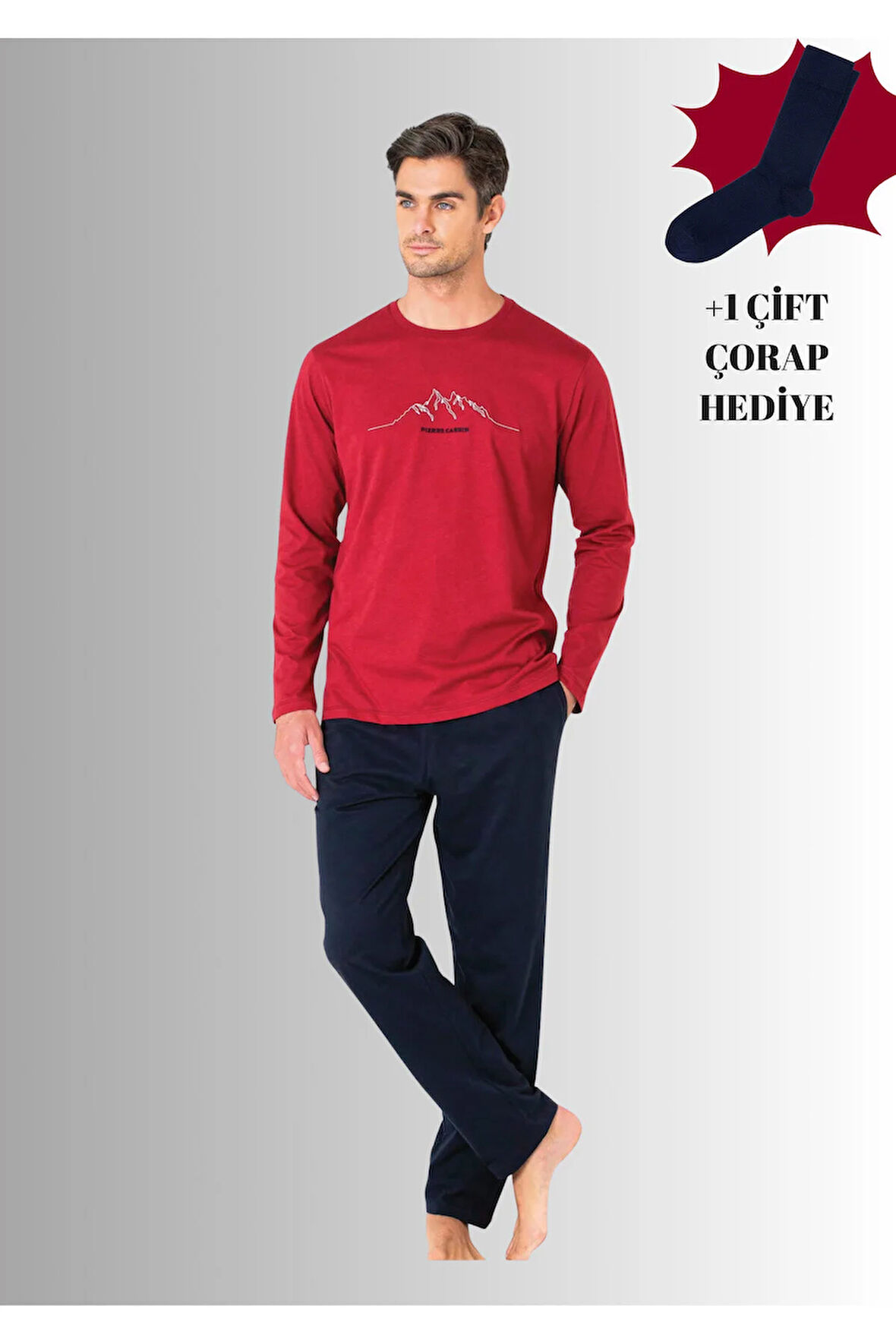 %100 Pamuklu Bisiklet Yaka Uzun Kol Düz Paça Pijama Takımı (Çorap Hediyeli)