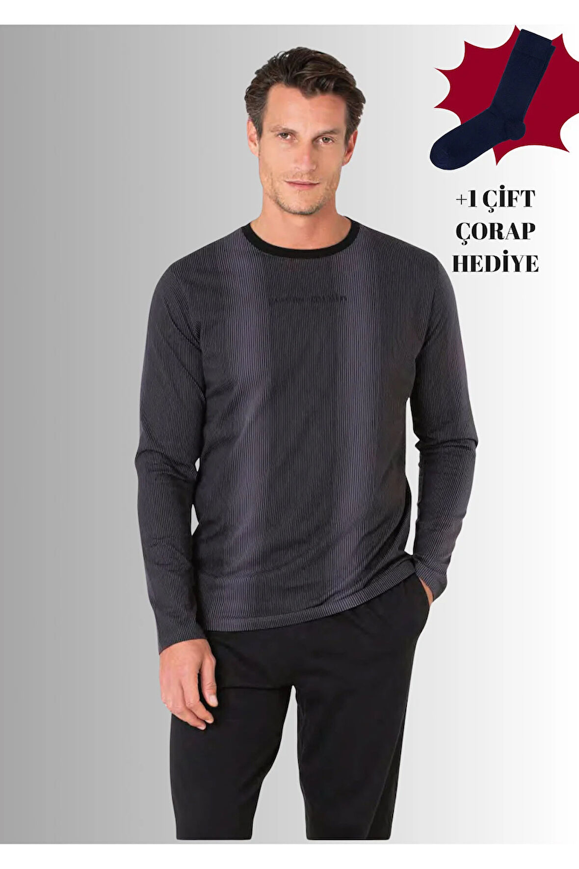 %100 Pamuklu Bisiklet Yaka Uzun Kol Düz Paça Pijama Takımı (Çorap Hediyeli)