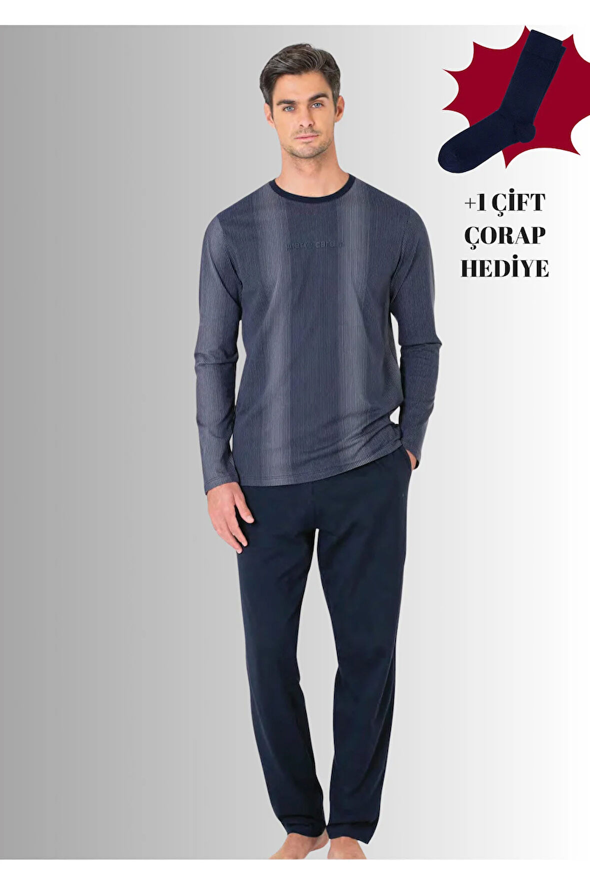 %100 Pamuklu Bisiklet Yaka Uzun Kol Düz Paça Pijama Takımı (Çorap Hediyeli)