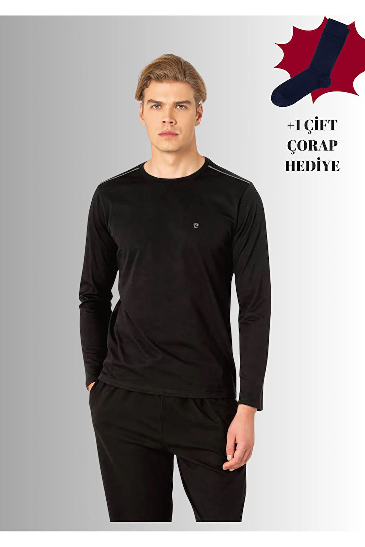 %100 Pamuklu Bisiklet Yaka Uzun Kol Düz Paça Pijama Takımı (Çorap Hediyeli)