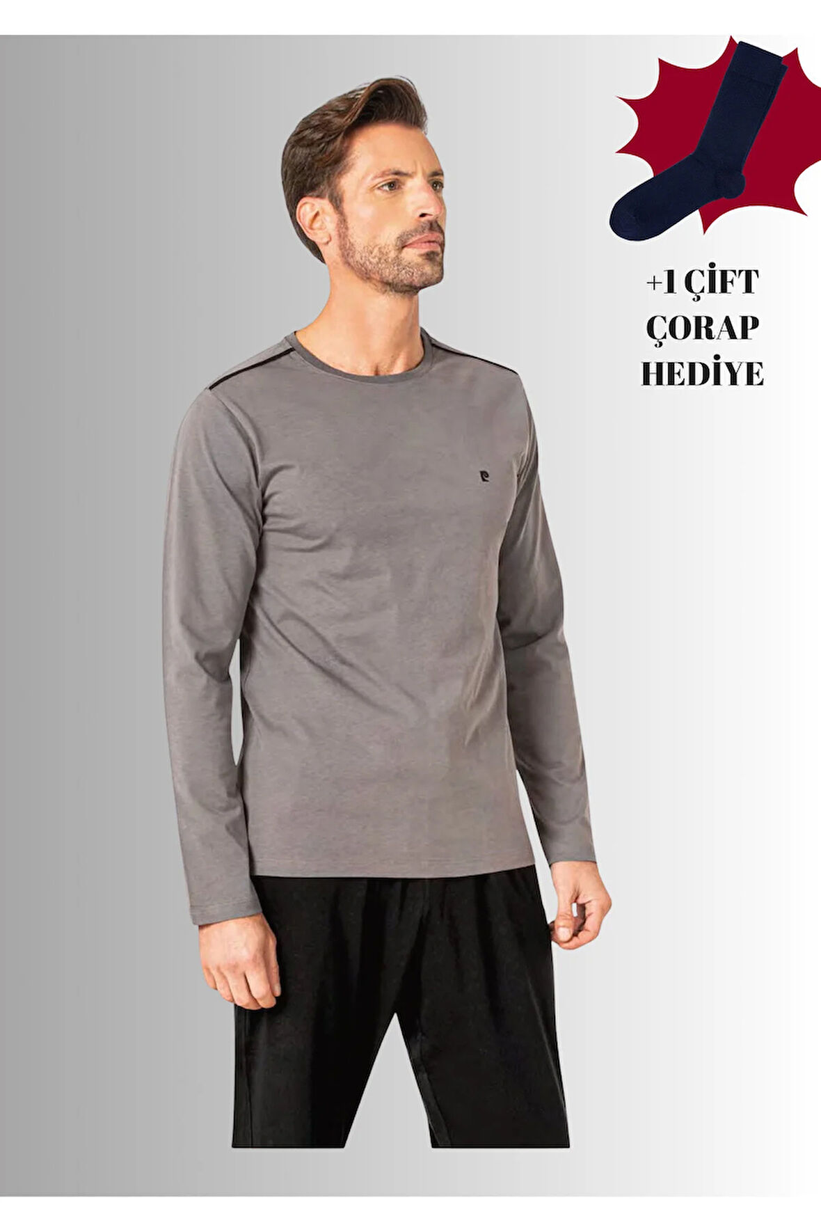 %100 Pamuklu Bisiklet Yaka Uzun Kol Düz Paça Pijama Takımı (Çorap Hediyeli)