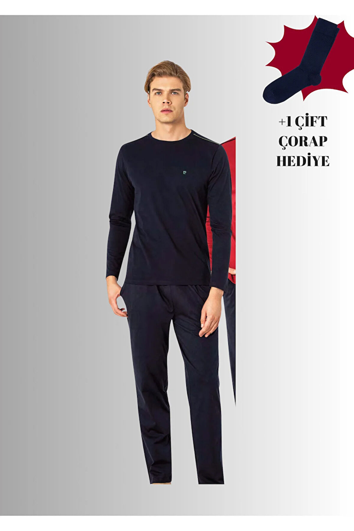 %100 Pamuklu Bisiklet Yaka Uzun Kol Düz Paça Pijama Takımı (Çorap Hediyeli)