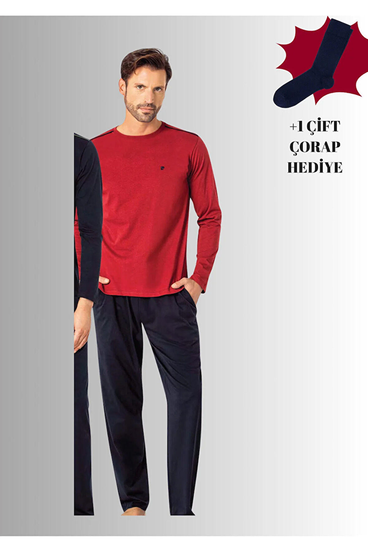 %100 Pamuklu Bisiklet Yaka Uzun Kol Düz Paça Pijama Takımı (Çorap Hediyeli)