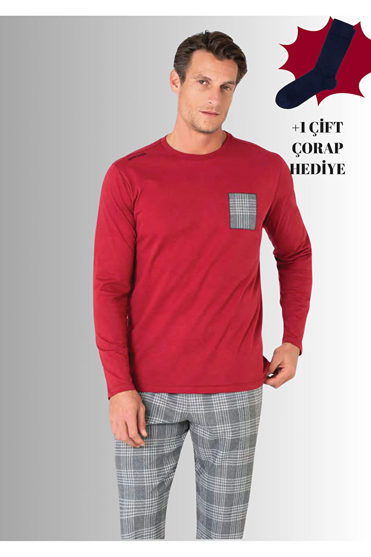 %100 Pamuklu Bisiklet Yaka Uzun Kol Düz Paça Pijama Takımı (Çorap Hediyeli)