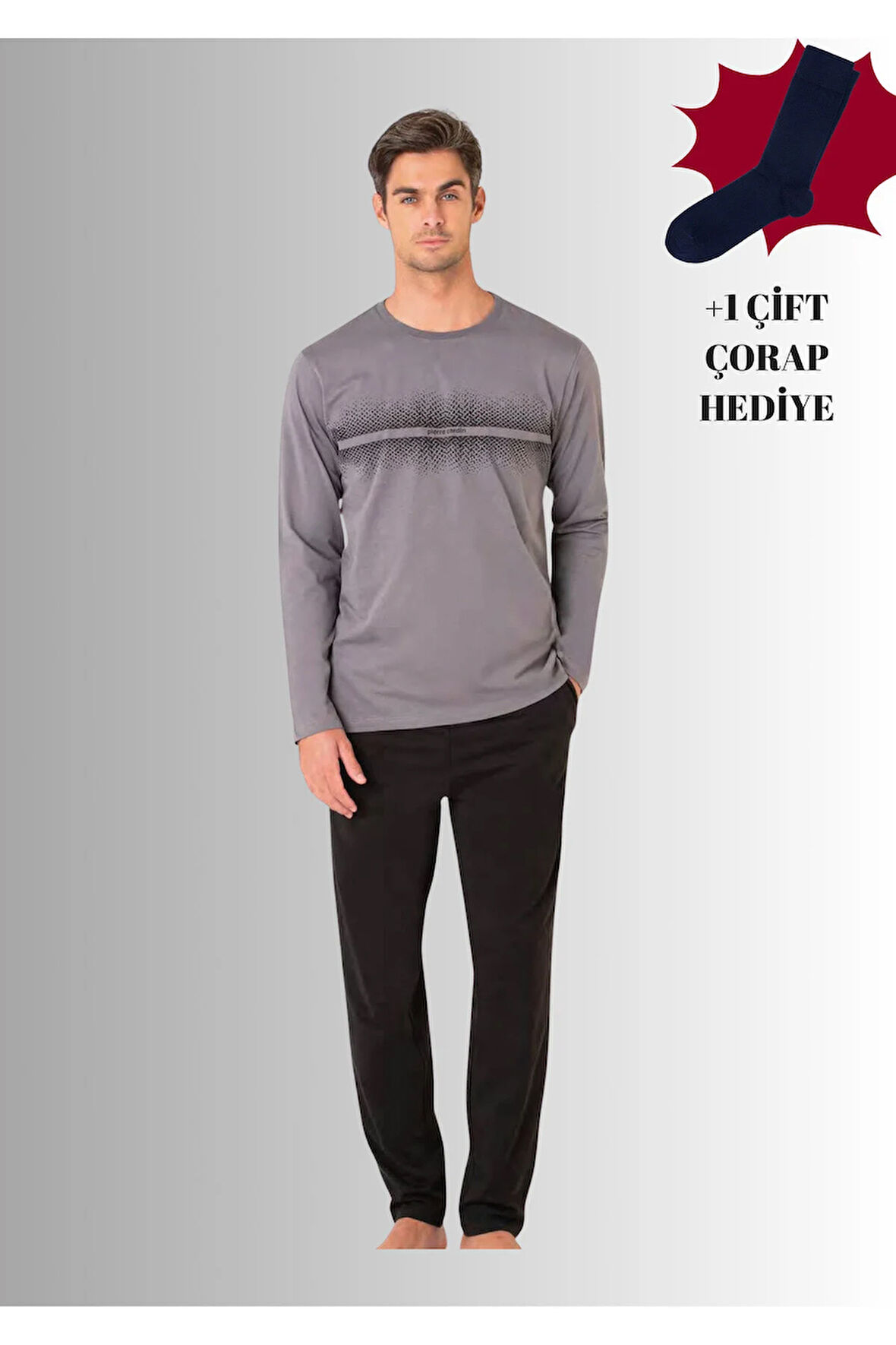 %100 Pamuklu Bisiklet Yaka Uzun Kol Düz Paça Pijama Takımı (Çorap Hediyeli)