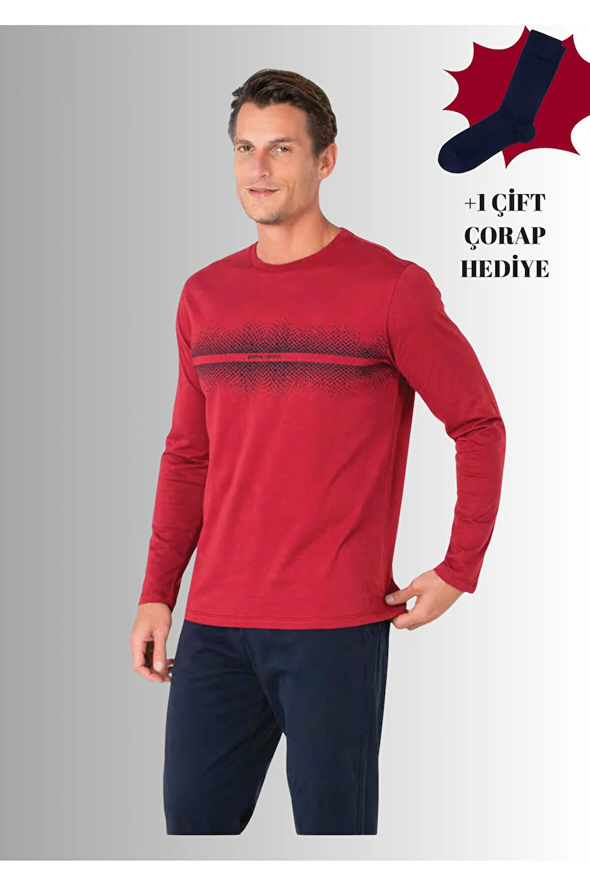 %100 Pamuklu Bisiklet Yaka Uzun Kol Düz Paça Pijama Takımı (Çorap Hediyeli)