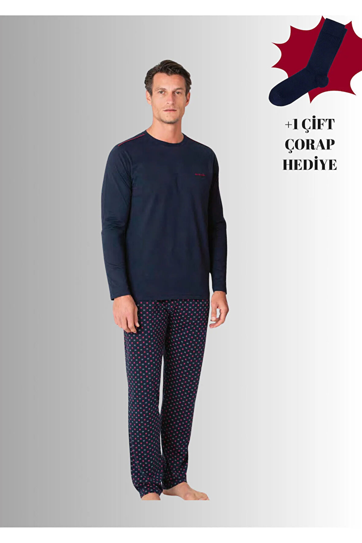 %100 Pamuklu Bisiklet Yaka Uzun Kol Düz Paça Pijama Takımı (Çorap Hediyeli)