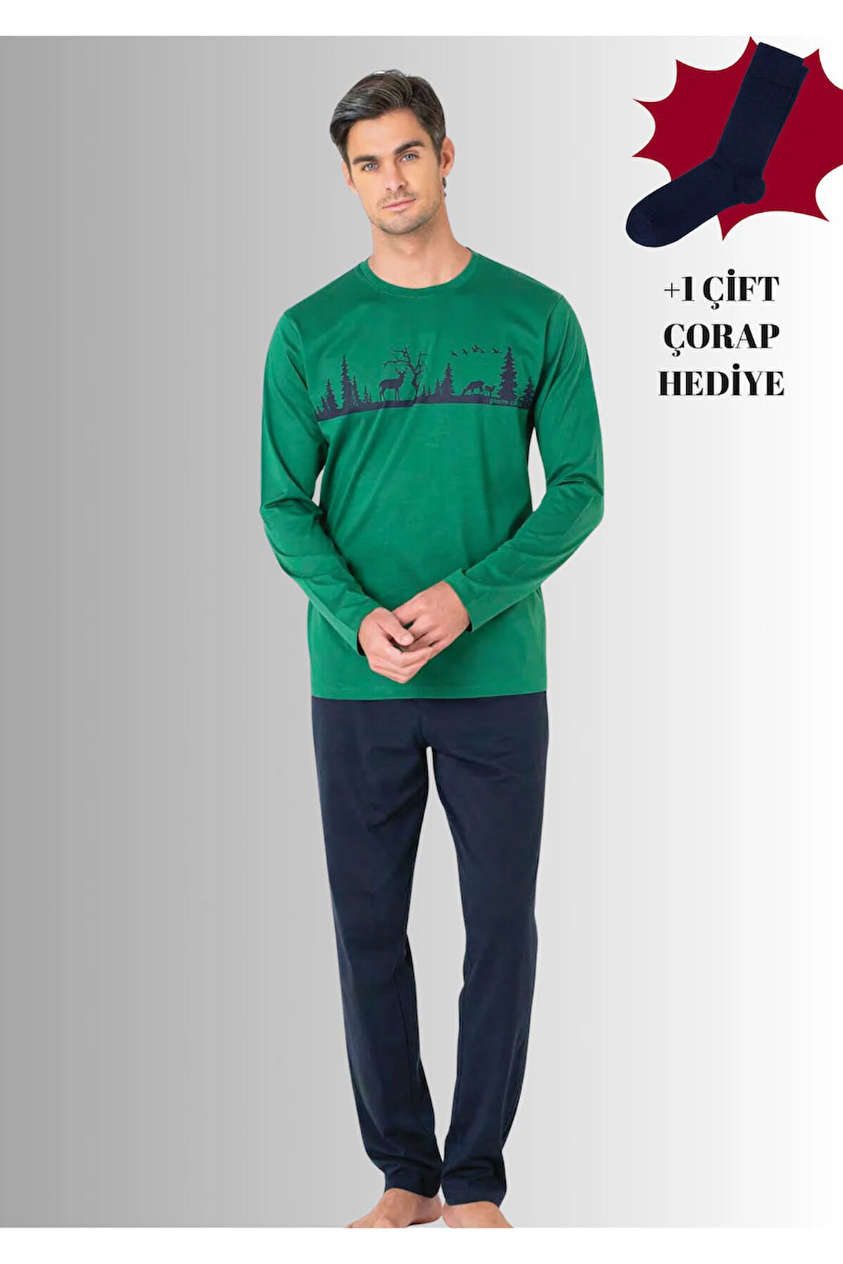 %100 Pamuklu Bisiklet Yaka Uzun Kol Düz Paça Pijama Takımı (Çorap Hediyeli)