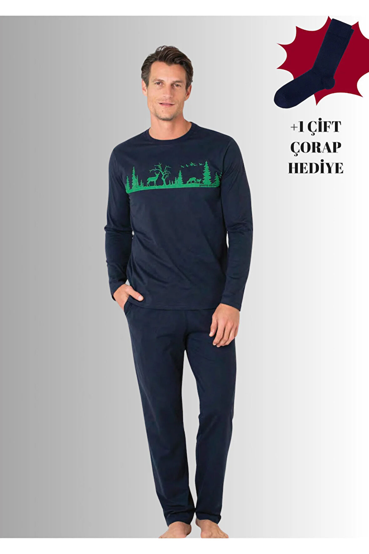 %100 Pamuklu Bisiklet Yaka Uzun Kol Düz Paça Pijama Takımı (Çorap Hediyeli)