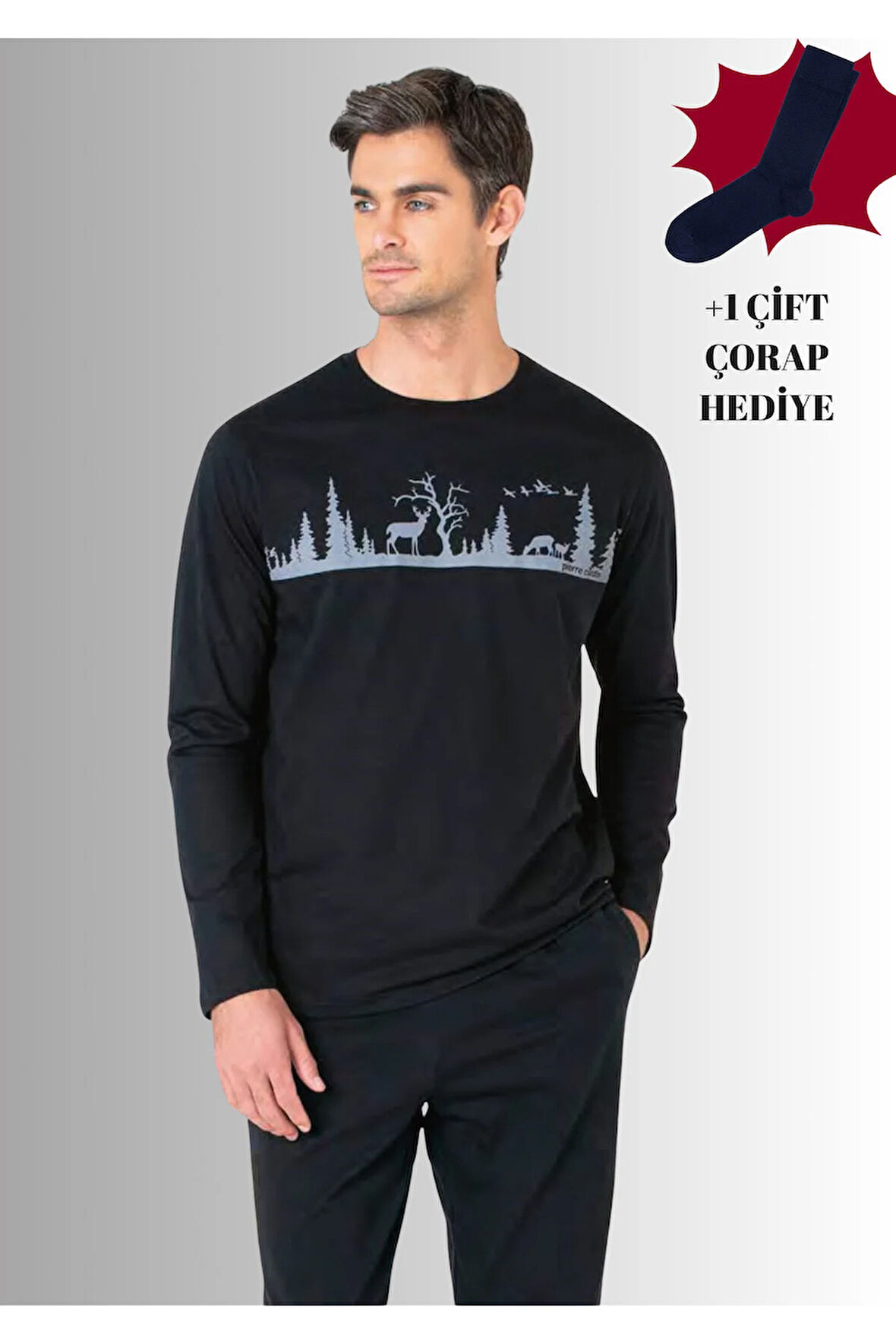 %100 Pamuklu Bisiklet Yaka Uzun Kol Düz Paça Pijama Takımı (Çorap Hediyeli)