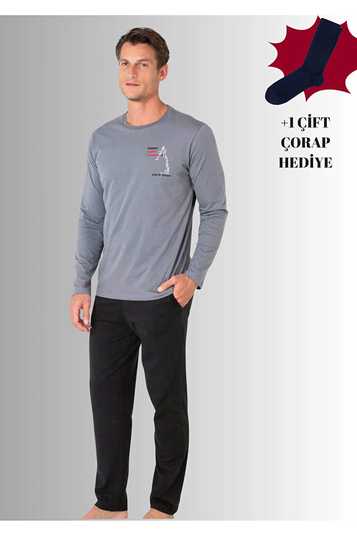 %100 Pamuklu Bisiklet Yaka Uzun Kol Düz Paça Pijama Takımı (Çorap Hediyeli)