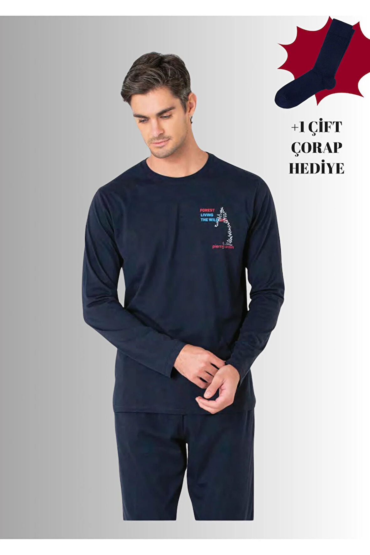 %100 Pamuklu Bisiklet Yaka Uzun Kol Düz Paça Pijama Takımı (Çorap Hediyeli)