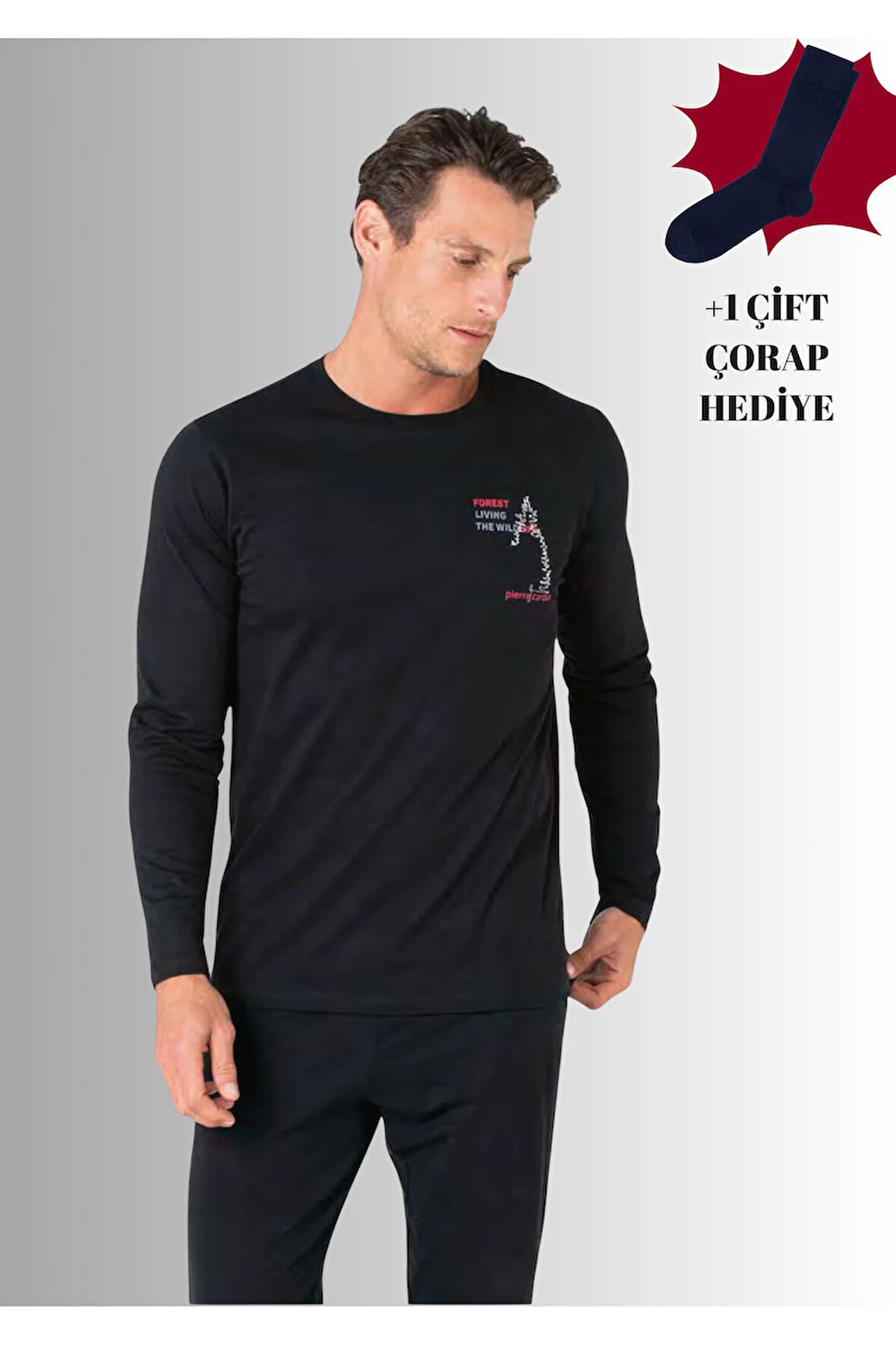 %100 Pamuklu Bisiklet Yaka Uzun Kol Düz Paça Pijama Takımı (Çorap Hediyeli)