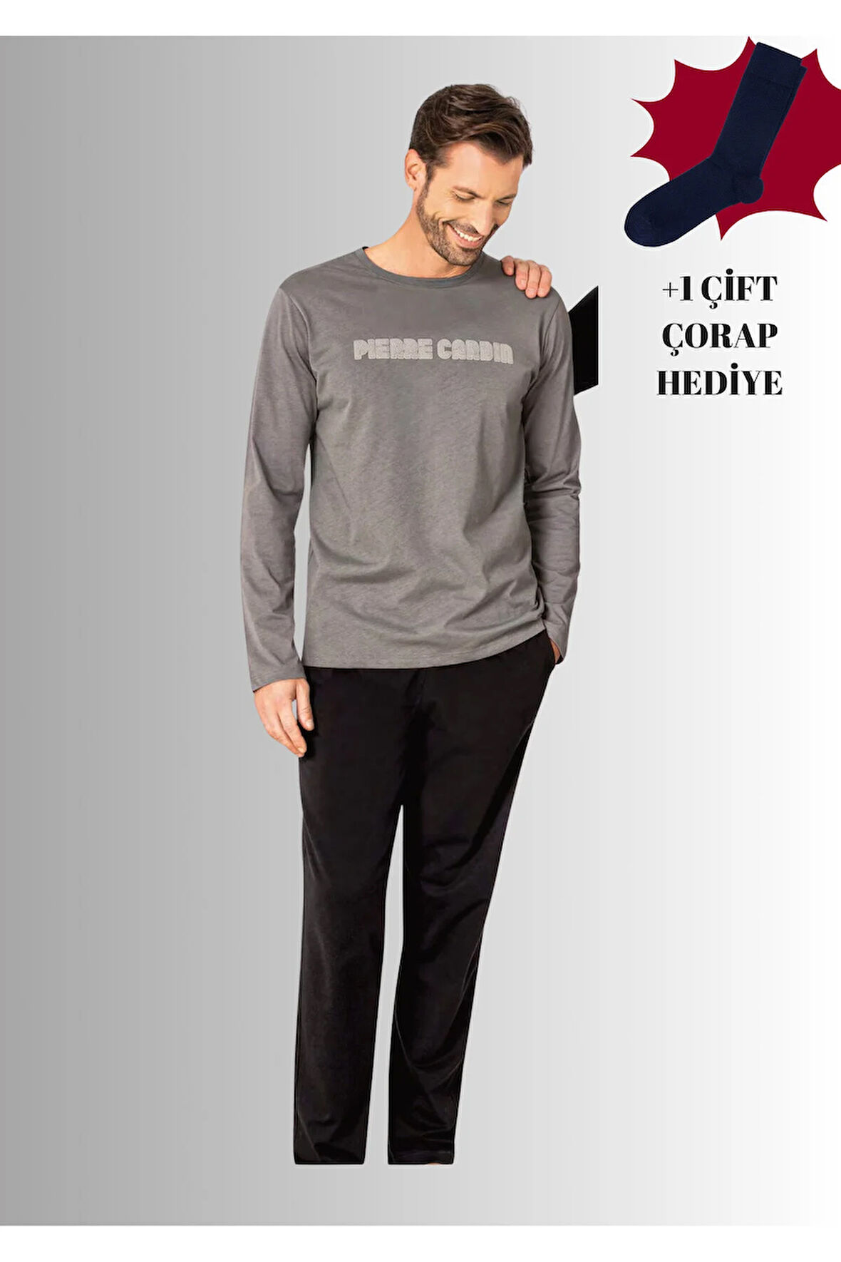 %100 Pamuklu Bisiklet Yaka Uzun Kol Düz Paça Pijama Takımı (Çorap Hediyeli)