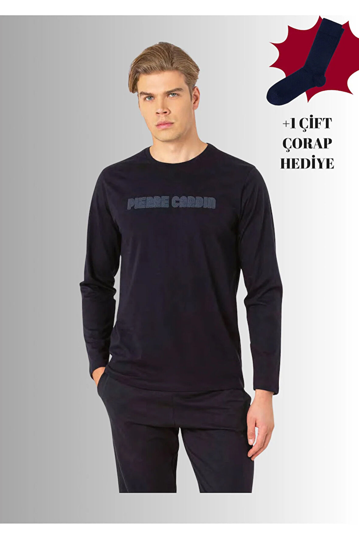 %100 Pamuklu Bisiklet Yaka Uzun Kol Düz Paça Pijama Takımı (Çorap Hediyeli)