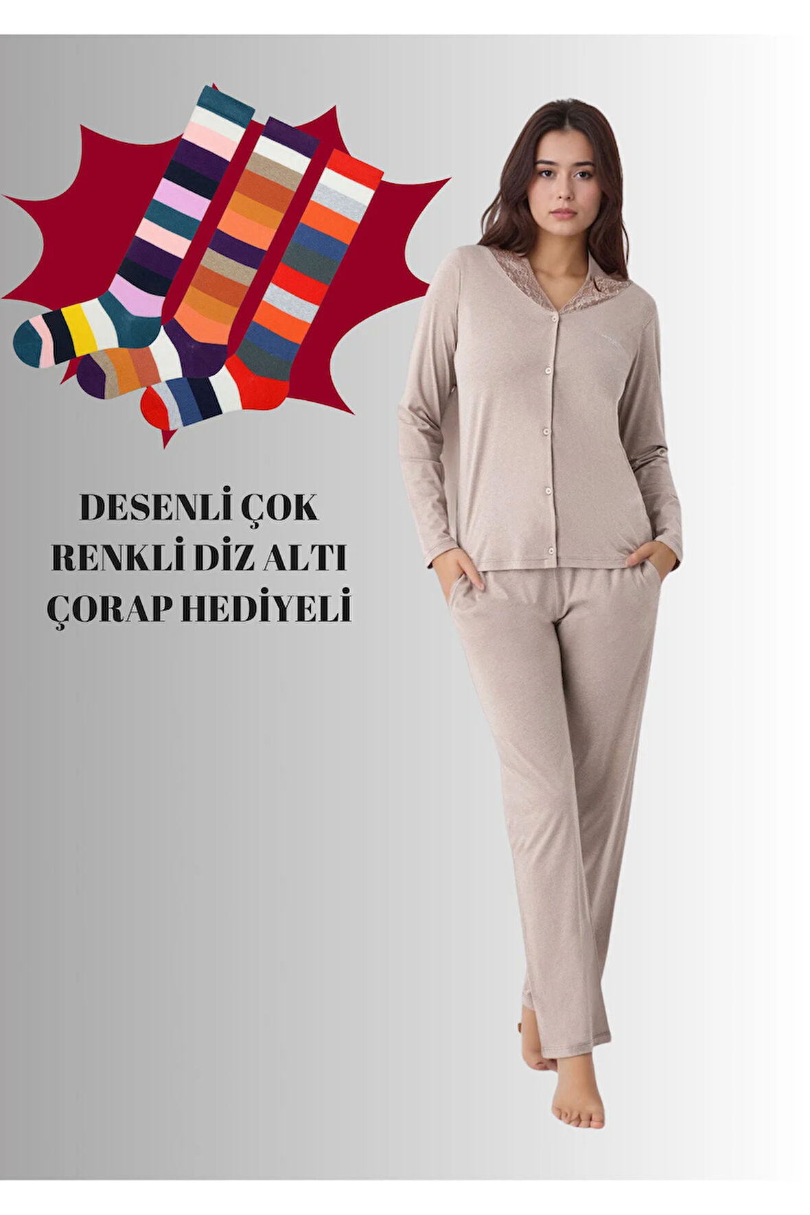 Kadın Modal Pamuklu Pijama Takımı Çorap Hediyeli QP9K1R1K6R