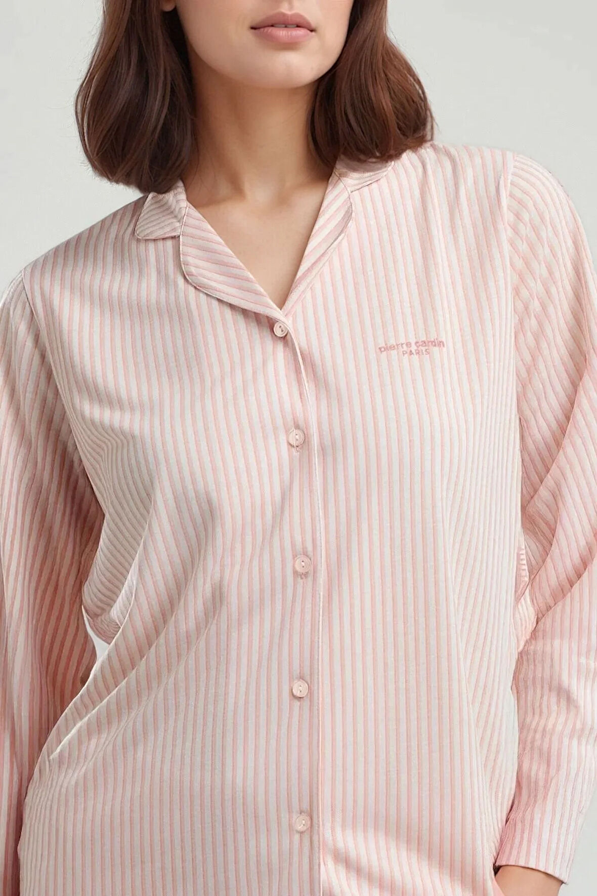 Kadın Pembe Çizgili Önden Patlı Uzun Kol Modal Pamuklu Pijama Takımı QP9K0R20CK