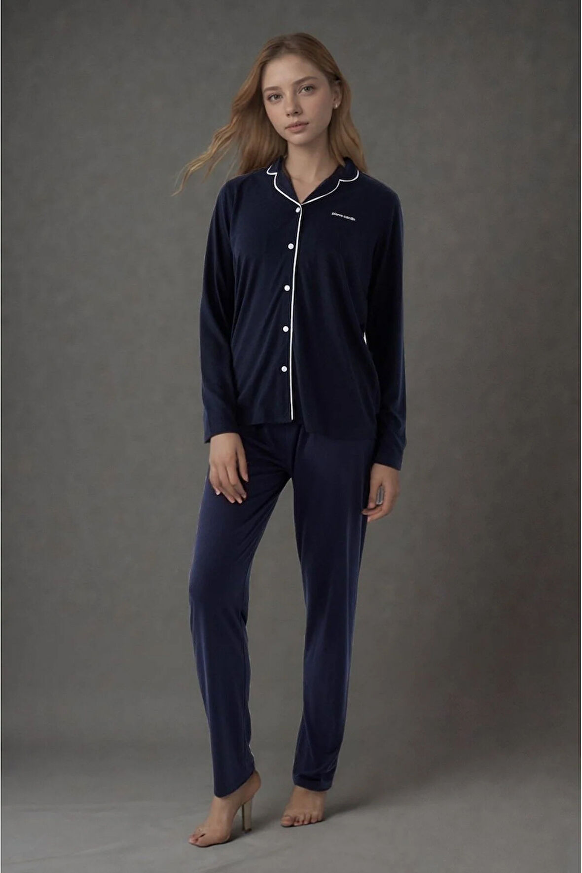 Kadın Lacivert Pamuklu Modal Boydan Patlı Kutulu Pijama Takımı Q9P4K3I6KER