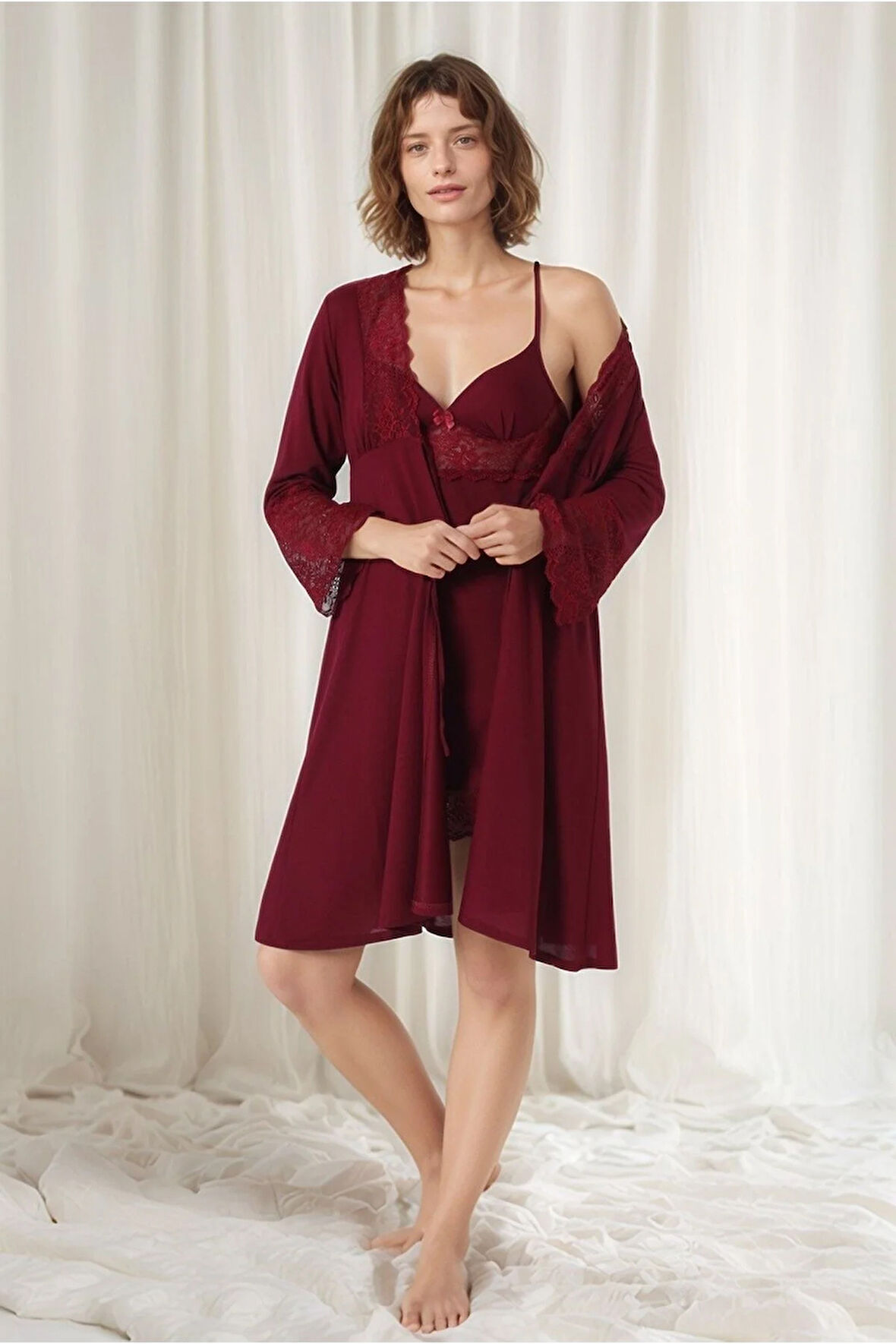 Kadın Bordo Penye Gelin 6'lı Çeyiz Seti Sabahlık & Gecelik & Pijama Şortlu Takım Q9U6O1K0KKA