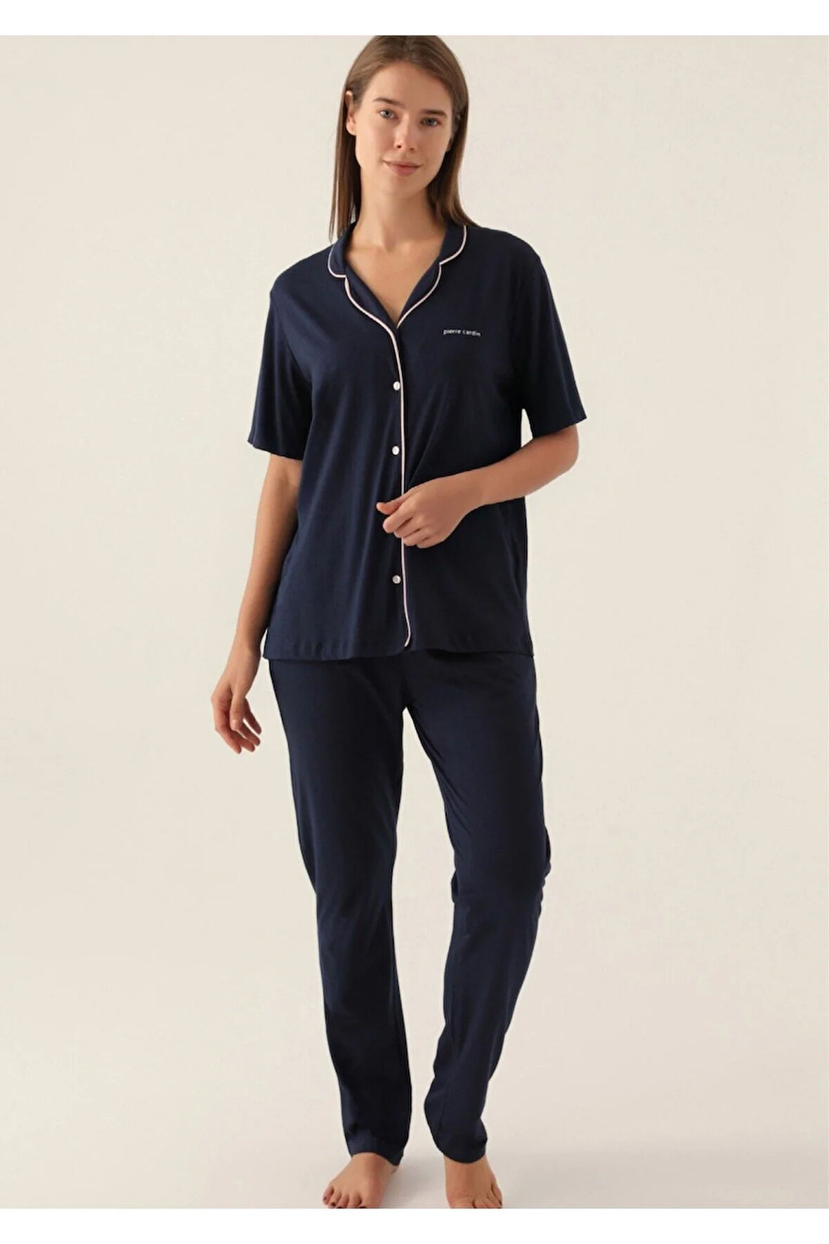 Kadın Lacivert Pamuklu Modal Boydan Patlı Kısa Kol Kutulu Pijama Takımı Q8.U.8O.K2.K.A6.P.C