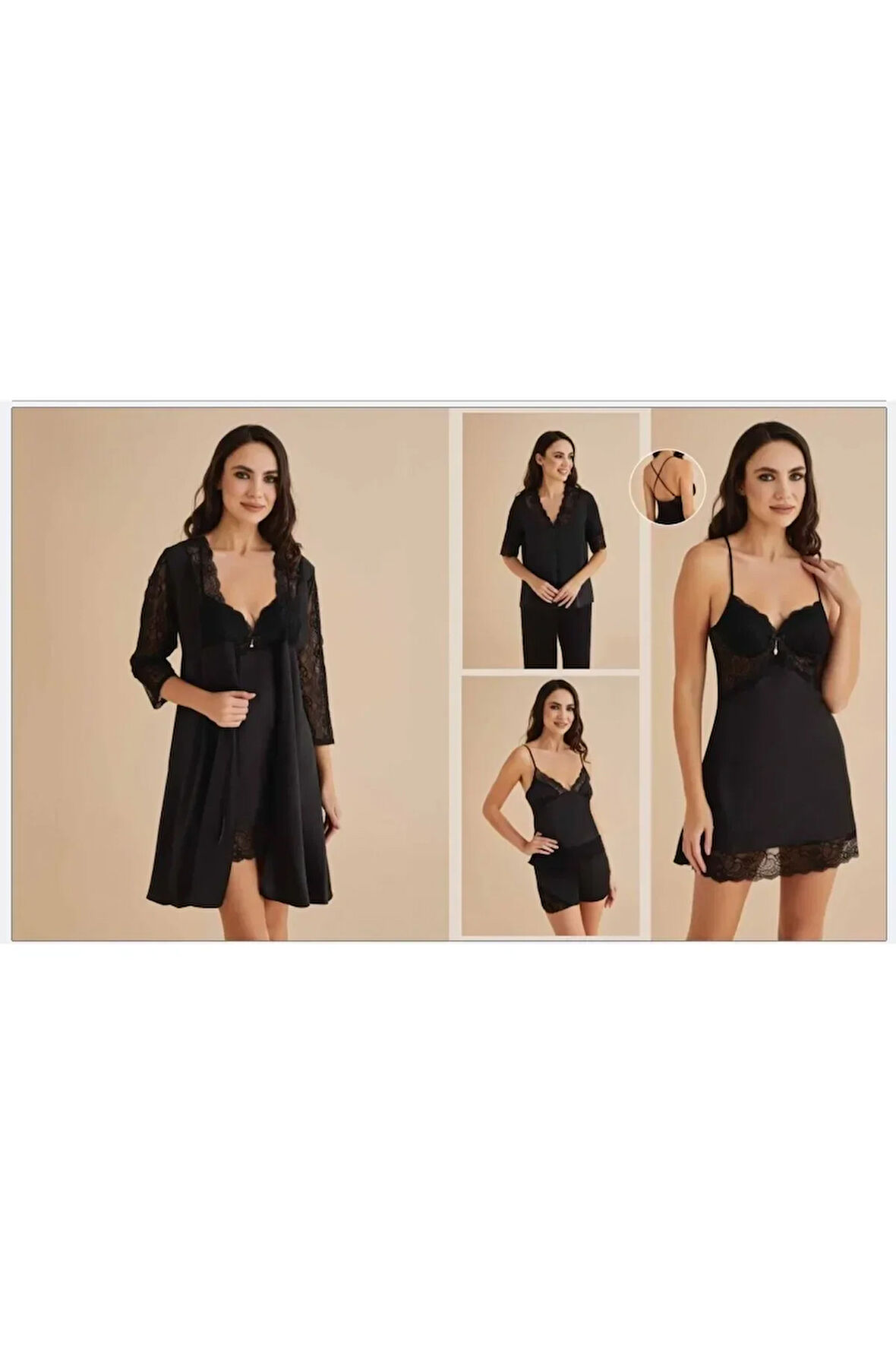 Kadın Siyah Gecelik&Sabahlık&Şortlu Takım&Pijama Takımı 6'lı Saten Gelin Çeyizlik Set UU.O8K.KSA.SE