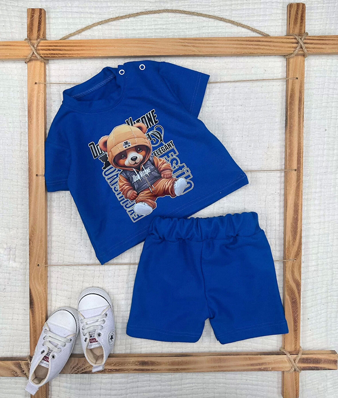 9-12-18-24 Ay Dansçı Ayıcık Baskılı Şortlu Kısa Kollu Tişört 2li Erkek Bebek Takımı