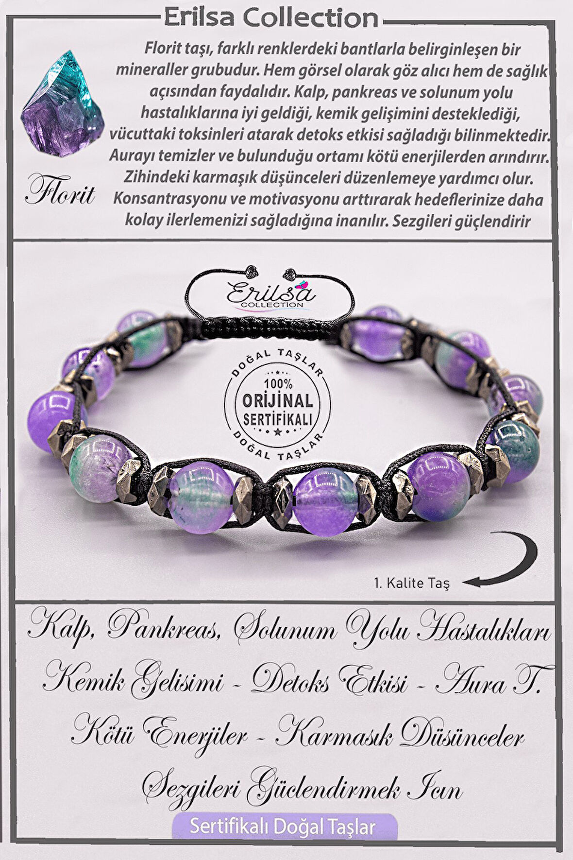 Sertifikalı AAA+ Kalite Doğal Terahertz - Florit Enerji ve Şifa Bilekliği