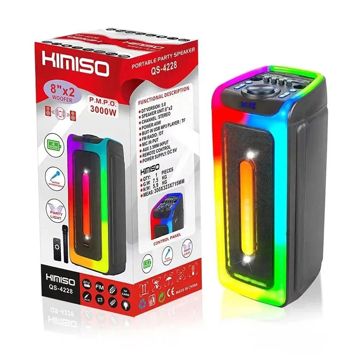 HOPARLÖR BÜYÜK BOY 8*2İnç 3000W RGB BLUETOOTH MİKROFONLU ve LEDLİ  PARTİ HOPARLÖR YÜKSEK SES