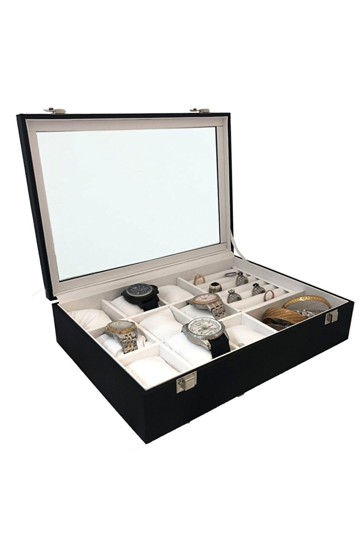 Saat Kutusu 9'lu Takı Bölmeli Siyah Içi Beyaz