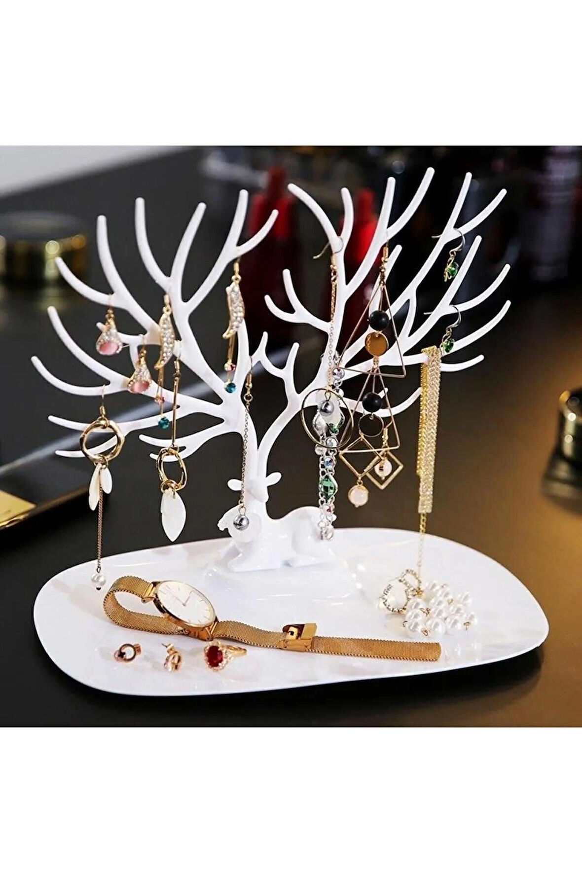 TİNEKE  Geyik Tasarımlı Takı Standı Yüzük Küpe Kolye Askılığı Mücevher Organizer Askı Beyaz