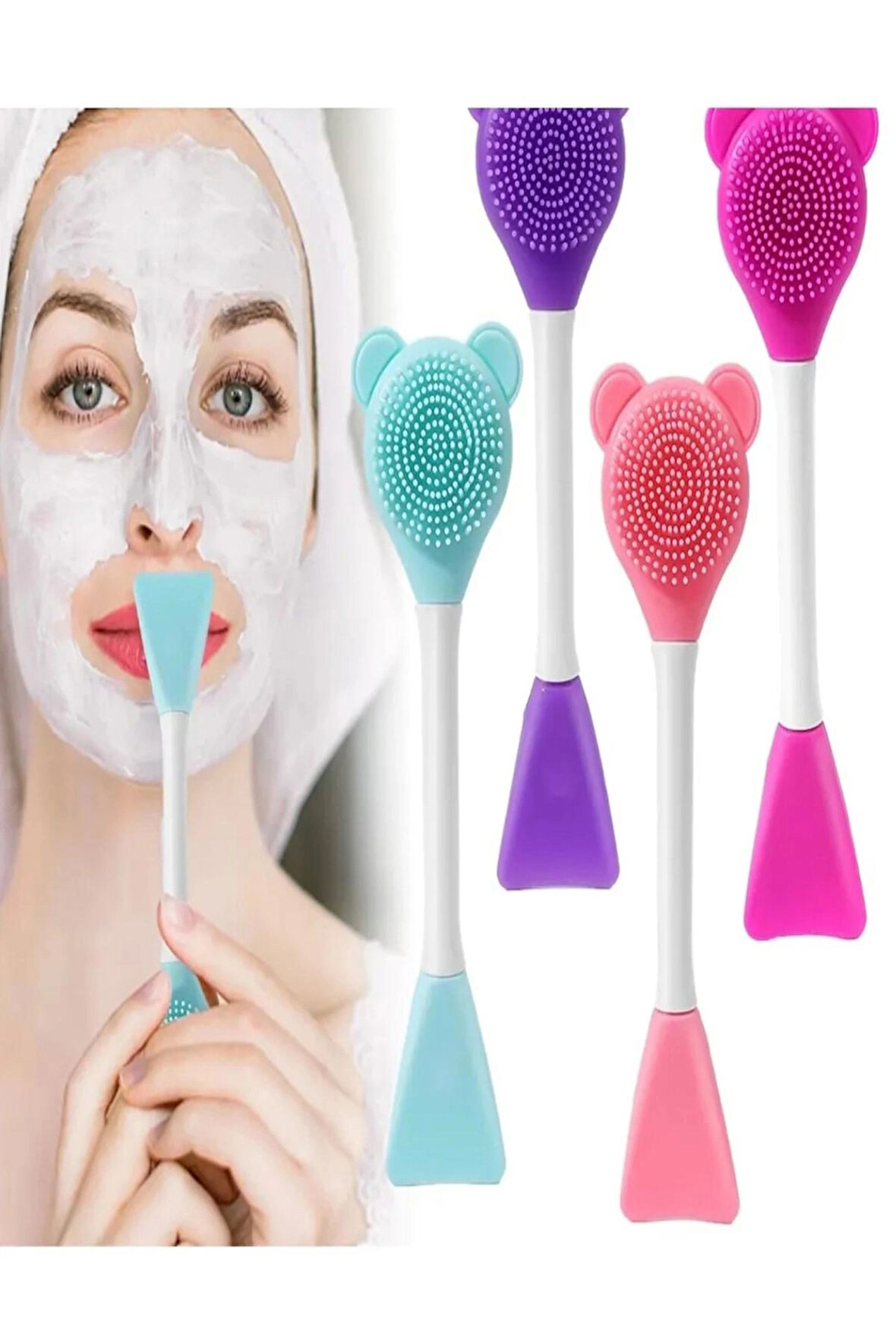 TİNEKE 3 In 1 Ayıcık Silikon Maske Sürme Peeling Ve Temizleme Firçası Silikon Maske Spatulası 1 ADET