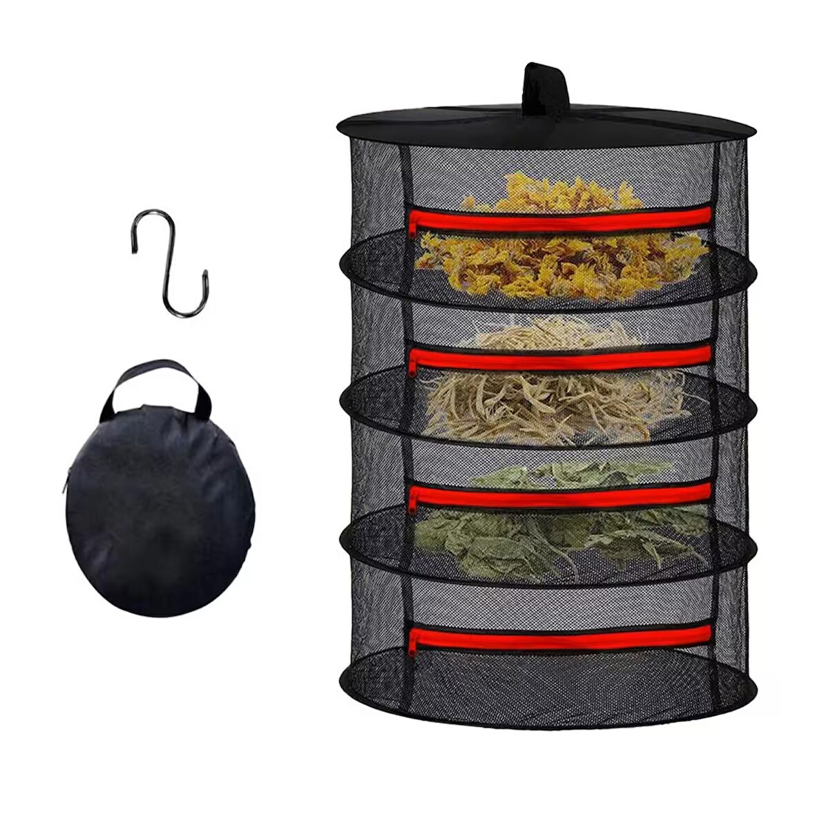 TİNEKE 4 Katlı Fermuarlı Meyve Sebze Kurutma Filesi | Katlanabilir Doğal Kurutma Sepeti  KIRMIZI