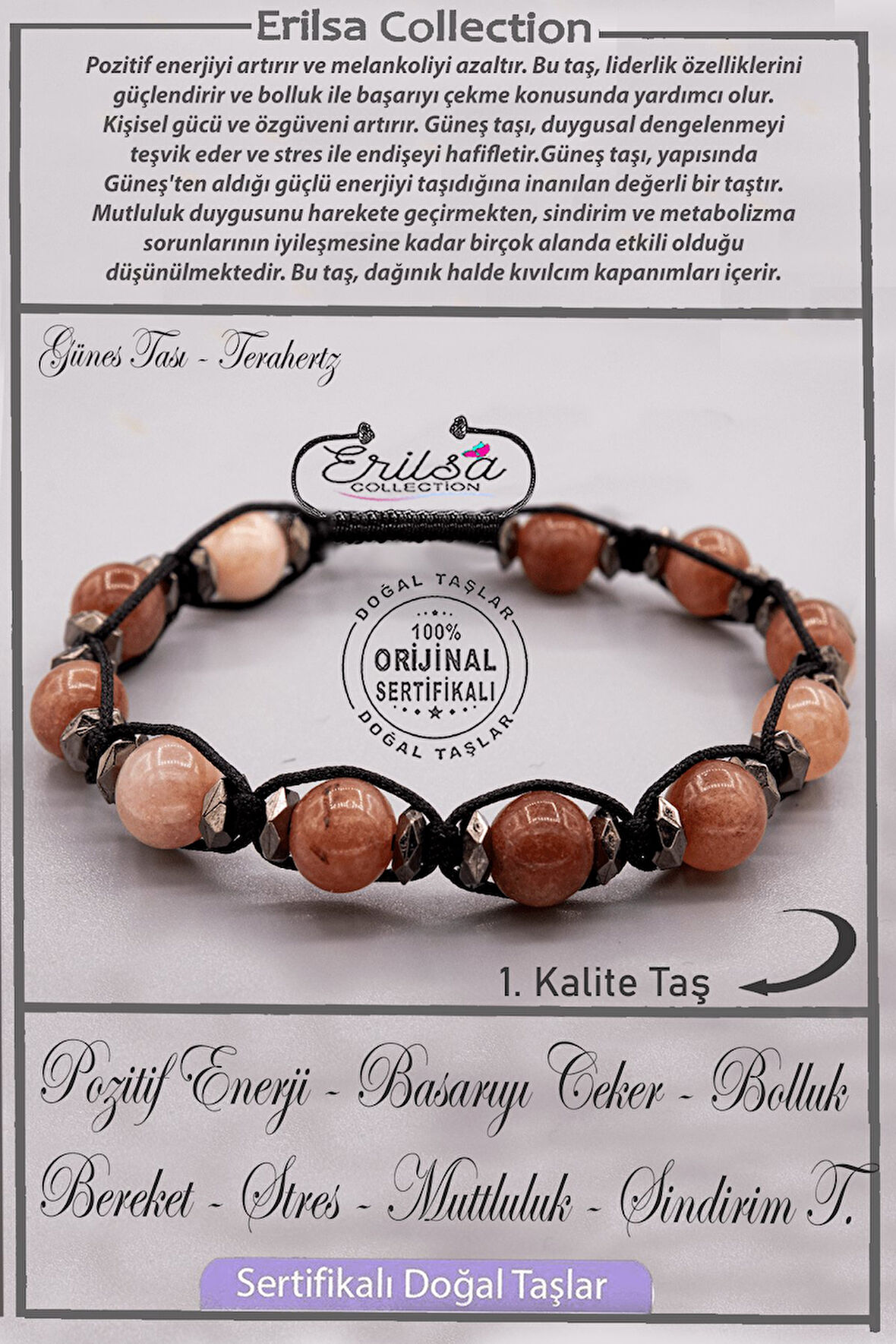 Sertifikalı AAA+ Kalite Gerçek Terahertz - Güneş Taşı Bileklik