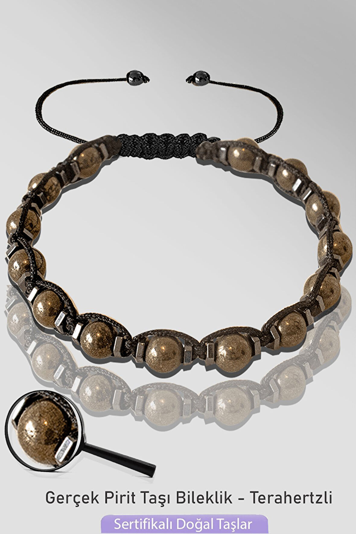 Sertifikalı Makrome 6mm Doğal Gerçek Pirit Taşı Bileklik - Ayarlamalı