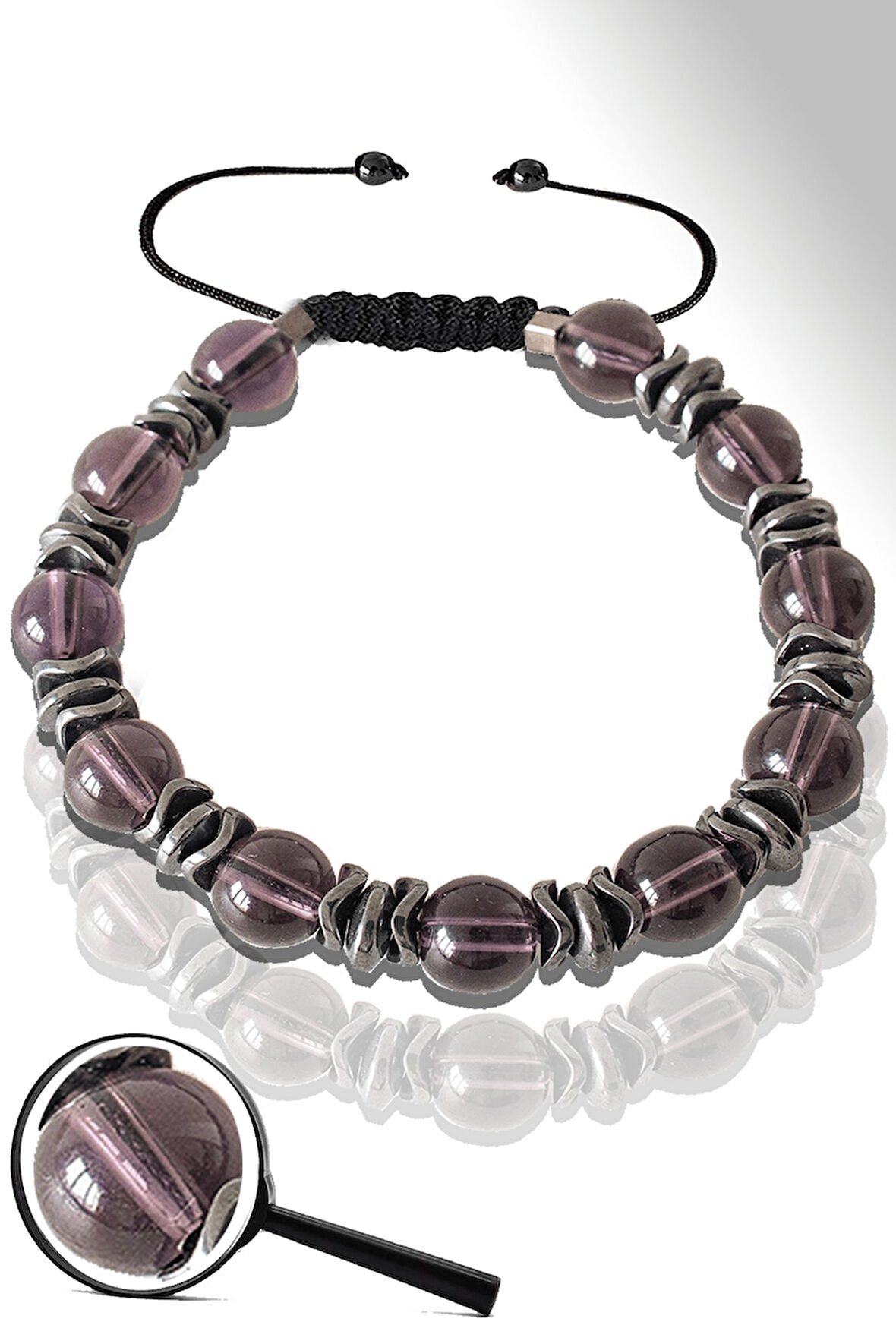 Sertifikalı Füme Hematitli Fuşya Cam Kuvars Taşı Bileklik - Ayarlamalı