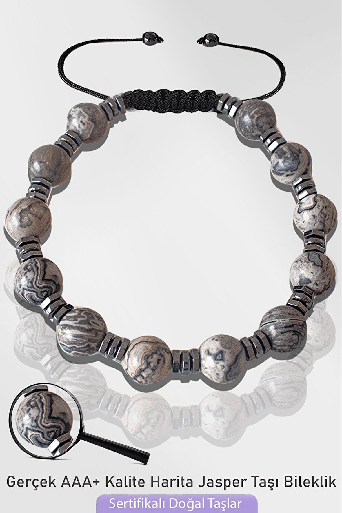 Sertifikalı Silver Hematitli Doğal Gri Harita Jasper Taşı Bileklik - Ayarlamalı