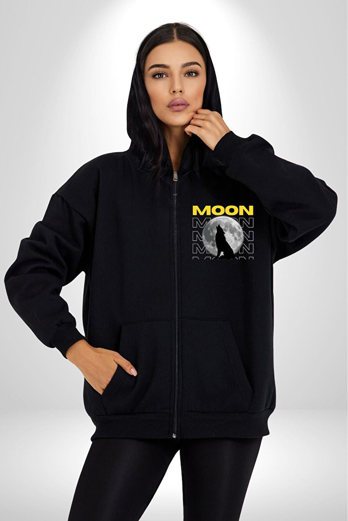 Ay Dolunay Uluyan Kurt Erkek Kadın Siyah Fermuarlı Baskılı Hırka Sweatshirt