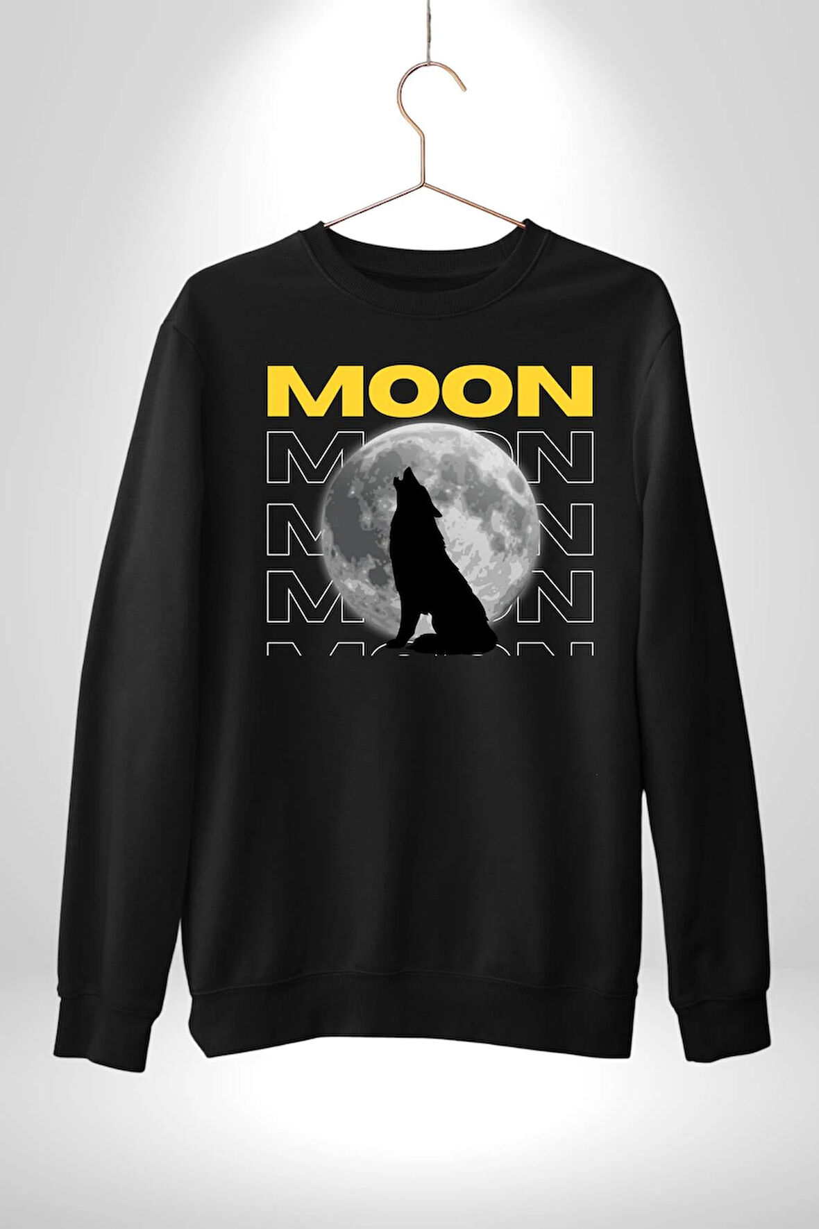 Ay Dolunay Uluyan Kurt Erkek Kadın Unisex Dijital Baskılı Siyah Sweatshirt