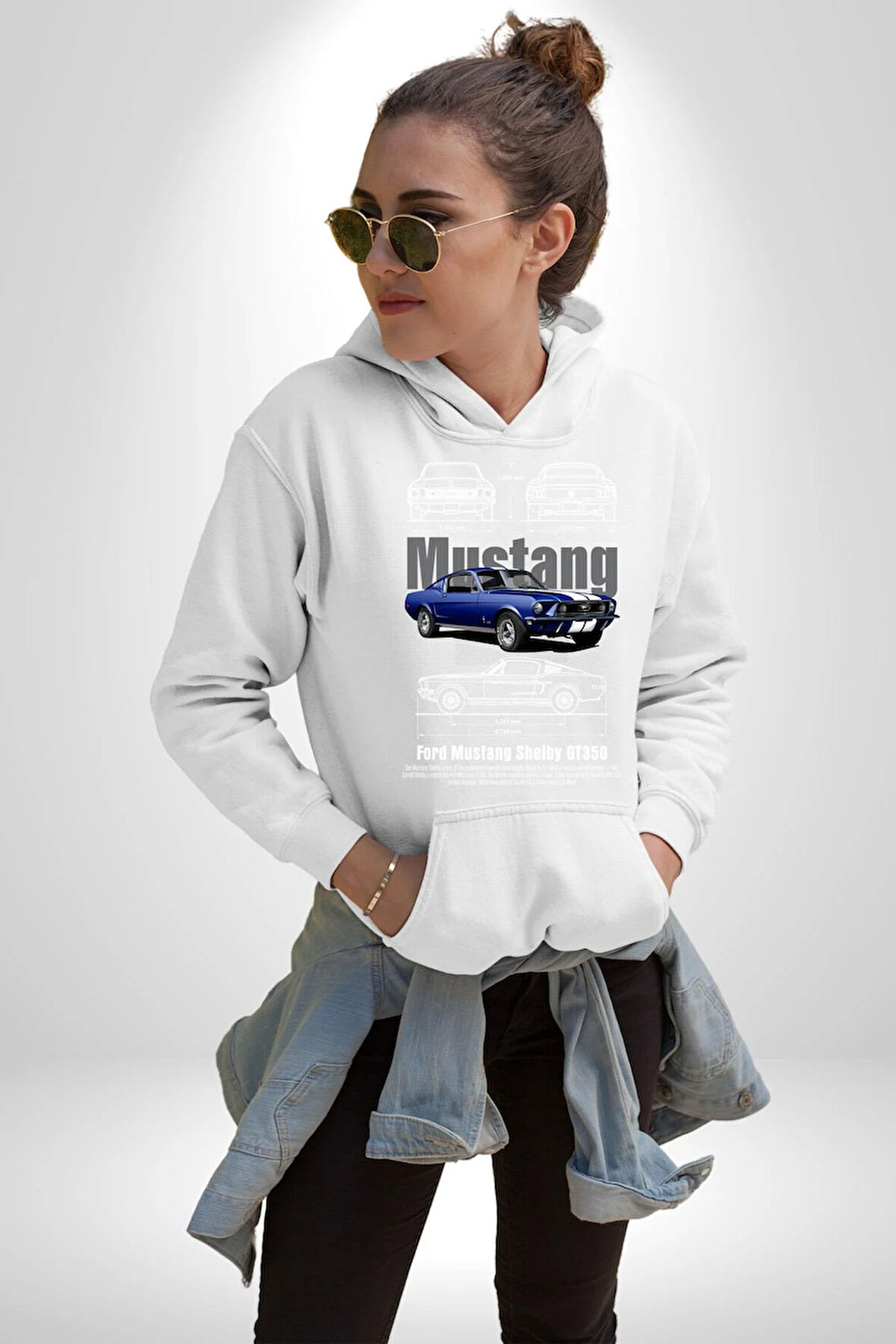 Klasik Araba Mustang GT 1967 Erkek Kadın Beyaz Dijital Baskılı Kapüşonlu Sweatshirt Hoodie