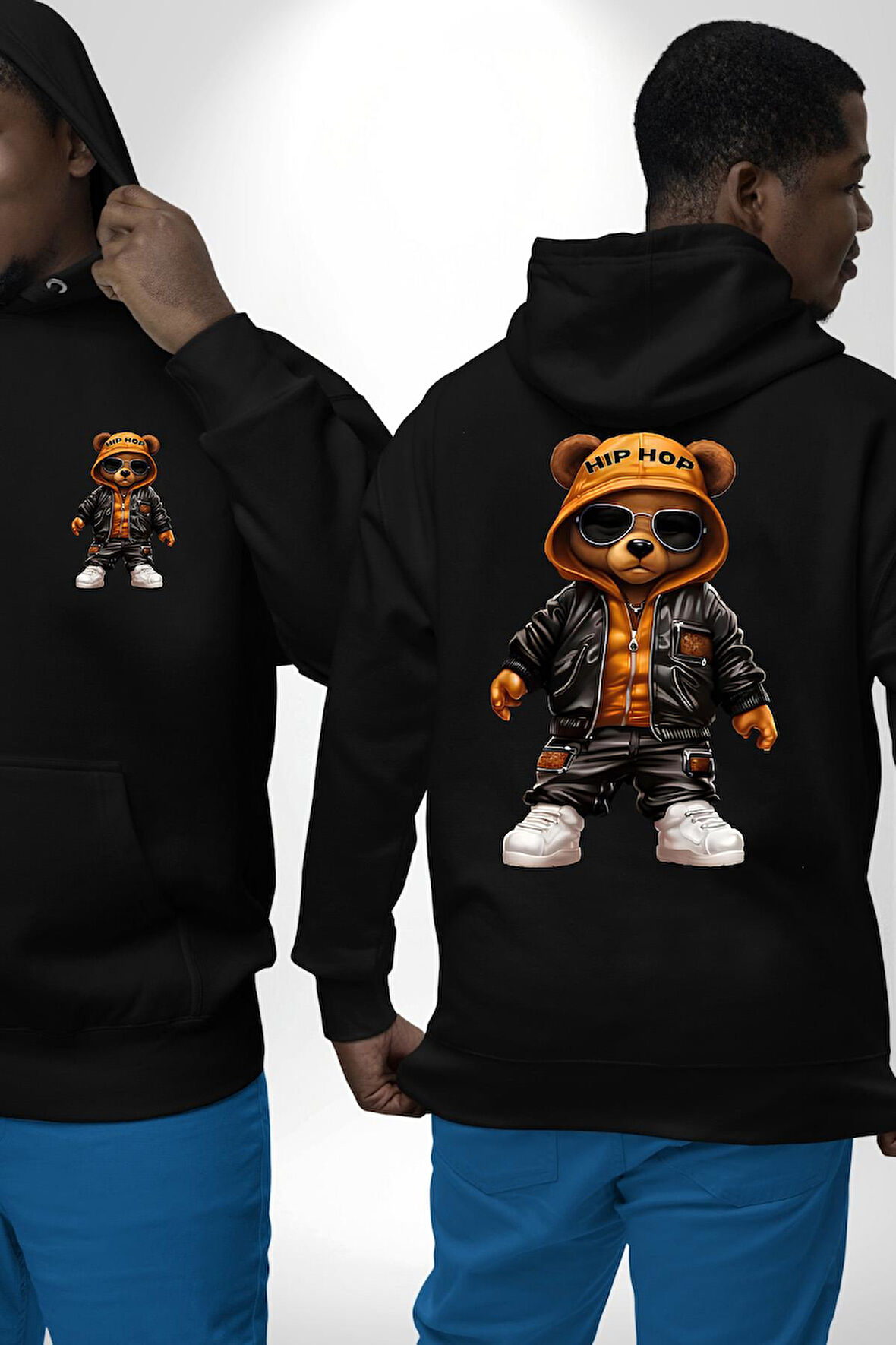 Hiphop Ayı Tedy Güneş Gözlük Deri Ceket Erkek Kadın Siyah Ön Sırt Baskılı Kapüşonlu Sweatshirt Hoodie