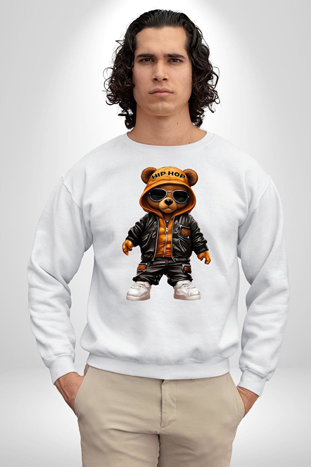Hiphop Ayı Tedy Güneş Gözlük Deri Ceket Erkek Kadın Unisex Dijital Baskılı Beyaz Sweatshirt