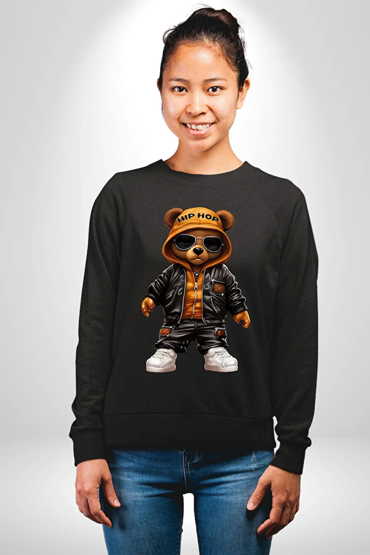 Hiphop Ayı Tedy Güneş Gözlük Deri Ceket Erkek Kadın Unisex Dijital Baskılı Siyah Sweatshirt